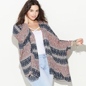 RED WHITE AND BLUE ABSTRACT KIMONO WITH LACE TRIM